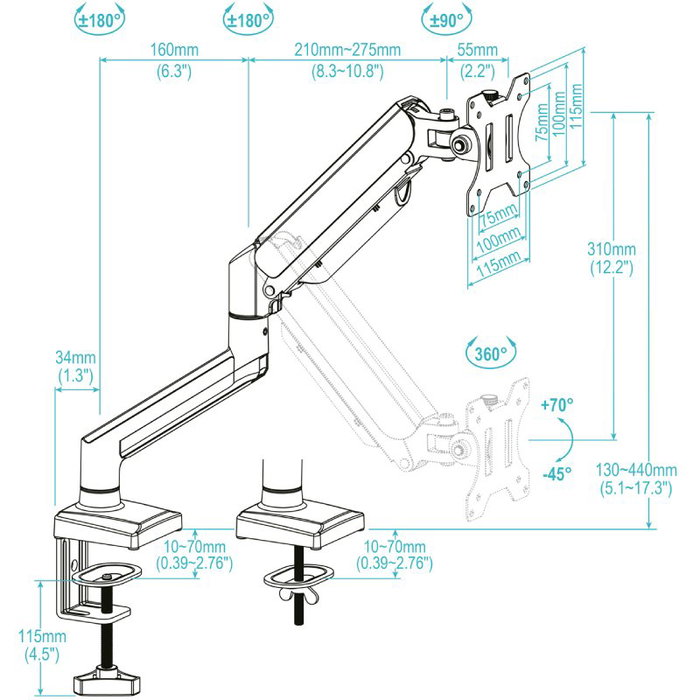 Tooq Soporte de Mesa DB1334TNR-W para Monitor 13-34 Pulgadas Blanco